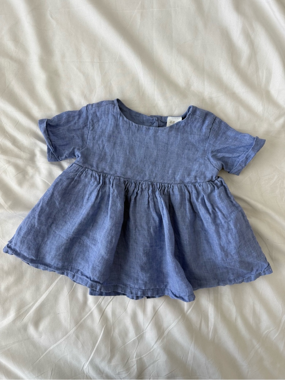 H&M Blue Linen Baby Dress 2-4 Months Newborn Short Sleeve Button Back Summer